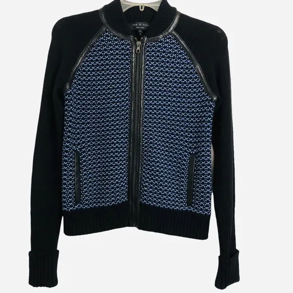 Rag &amp; Bone Sabina lamb Leather Trimmed Sweater Knit Bomber Jacket Size XS