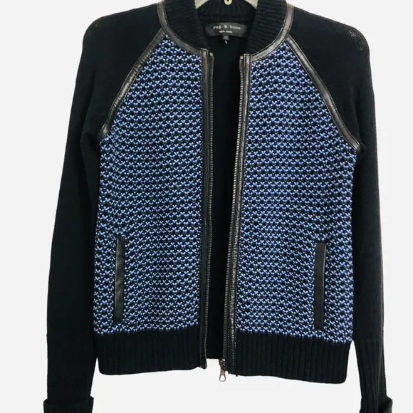 Rag &amp; Bone Sabina lamb Leather Trimmed Sweater Knit Bomber Jacket Size XS