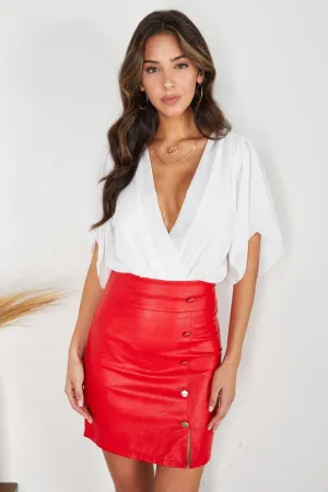 RED BUTTON FAUX LEATHER SKIRT
