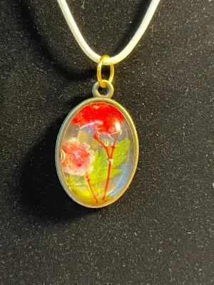 Red flower & green leaf inlaid stone, gold oval shaped pendant necklace