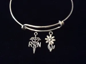 RN Registered Nurse Daisy Silver Expandable Charm Bracelet Adjustable Bangle Medical Gift