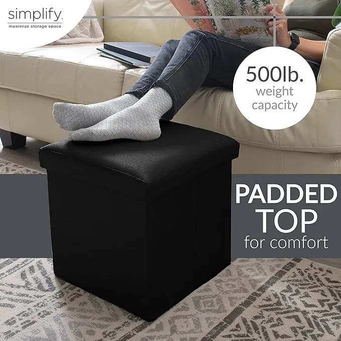 Simplify Faux Leather Cube Storage Ottoman, Black