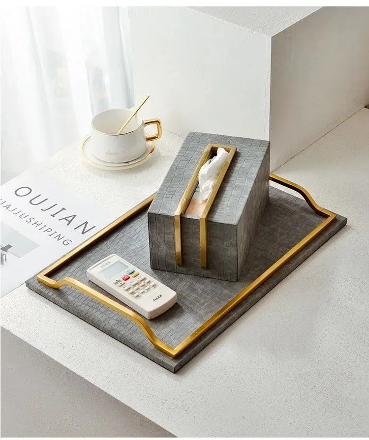 Sleek Brass and Faux Croc Leather Tissue Box