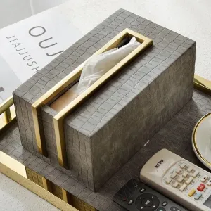 Sleek Brass and Faux Croc Leather Tissue Box