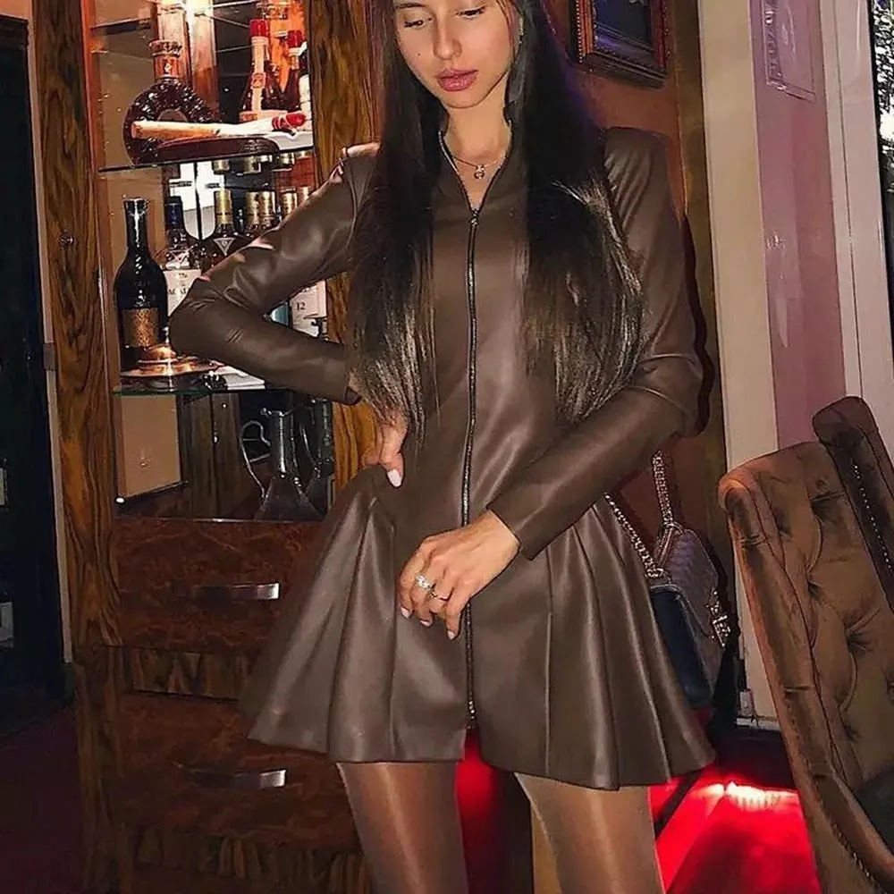 Sleek Slim Fit PU Leather Dress with Zipper and Pleated Details