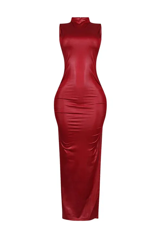 Sleeveless mid-length pu leather dress