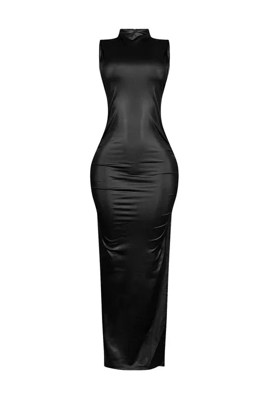 Sleeveless mid-length pu leather dress