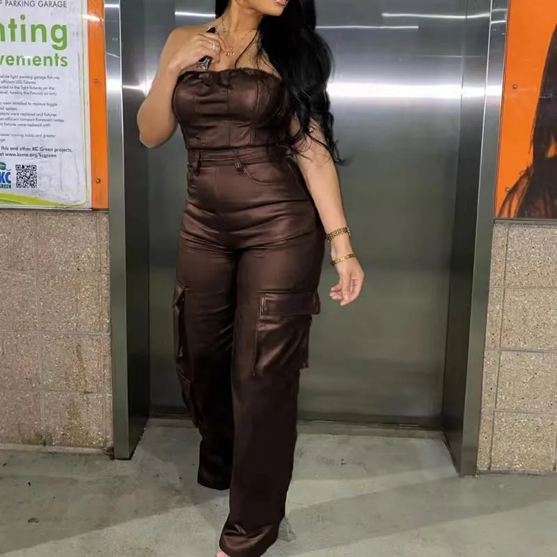 Solid Bandeau Front Pocket PU Leather Jumpsuit