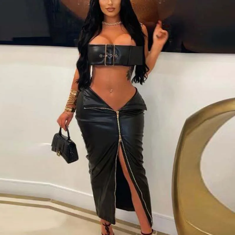 Solid PU Leather 2PCS Skirt Set