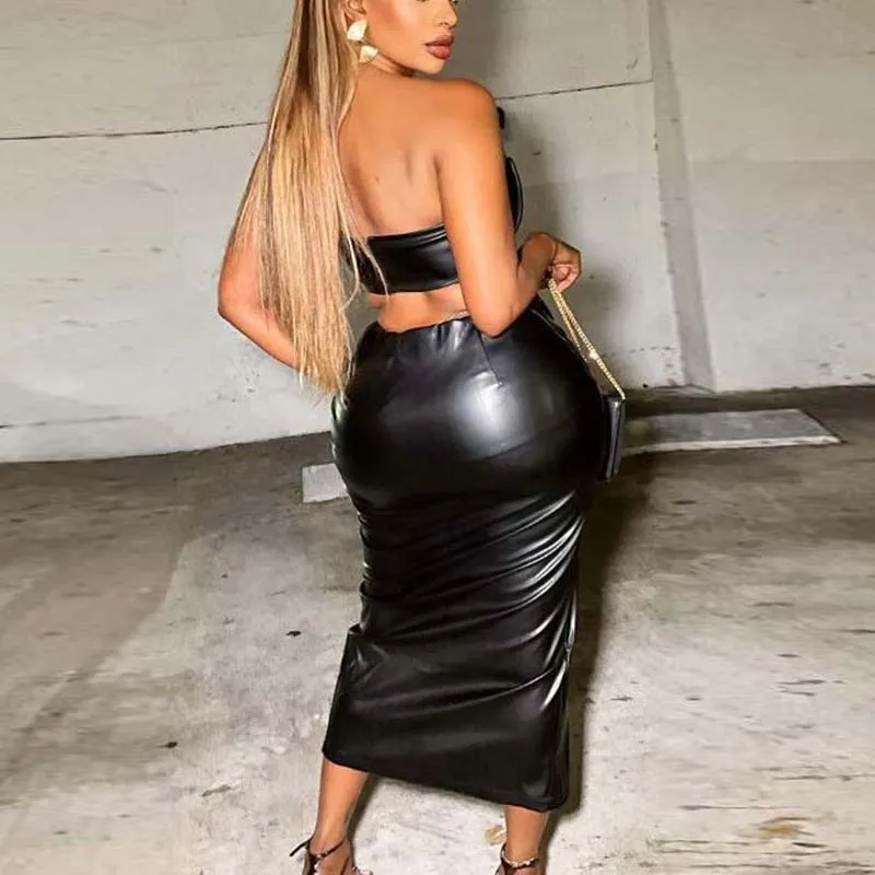 Solid PU Leather 2PCS Skirt Set