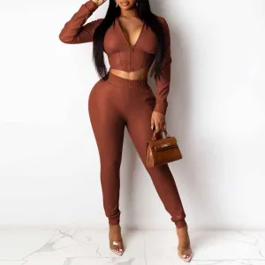 Solid PU Leather Hoodie Top & Pants Set