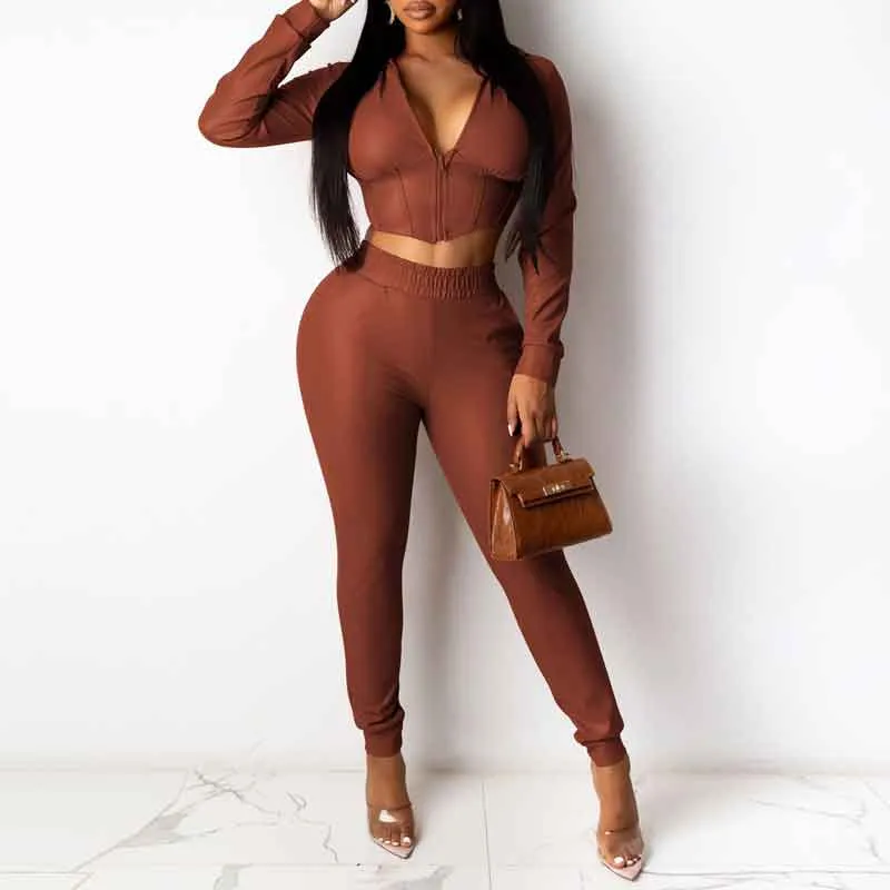 Solid PU Leather Hoodie Top & Pants Set