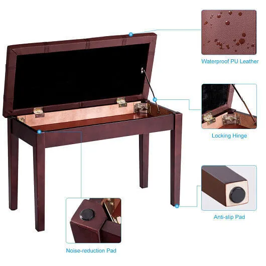 Solid Wood PU Leather Piano Double Duet Keyboard Bench-Black
