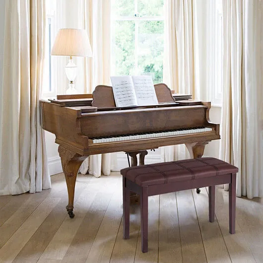 Solid Wood PU Leather Piano Double Duet Keyboard Bench-Black