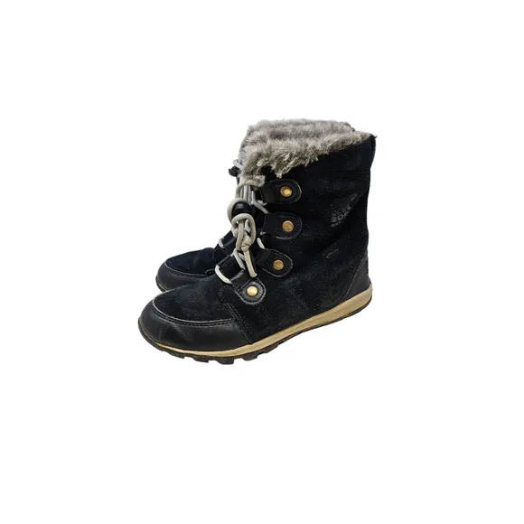 Sorel 3 Girls Whitney Black Lace Up Faux Fur Lined Winter Snow Boot Ski Leather