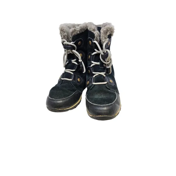 Sorel 3 Girls Whitney Black Lace Up Faux Fur Lined Winter Snow Boot Ski Leather