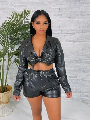 ST4399P - PU LEATHER LS TOP&SHORT SET