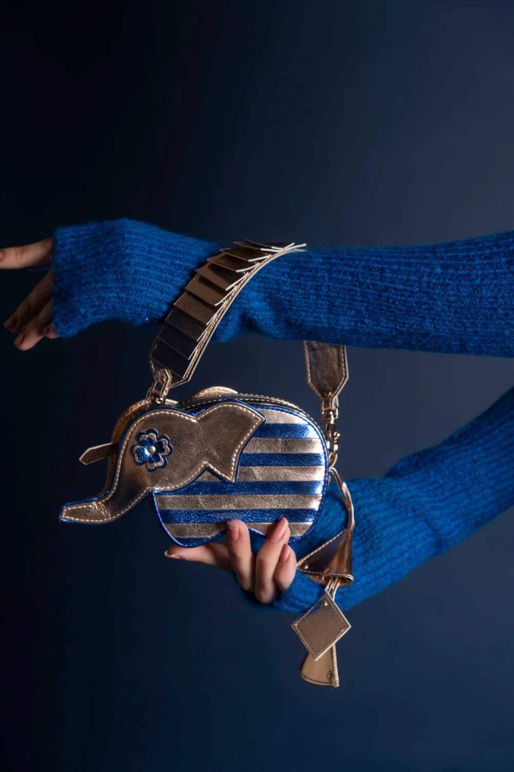 Stripes Hathi Batua- Rosegold And Metallic Blue