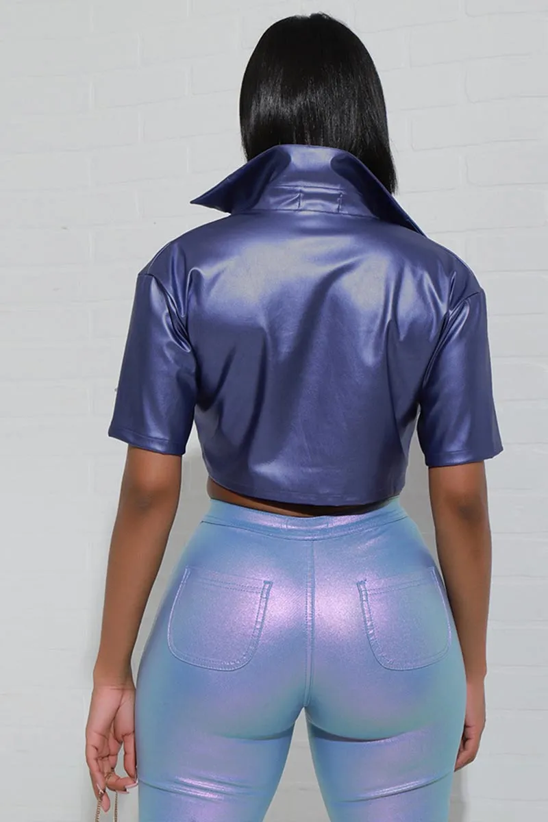 TH877 Collar Faux Leather Crop Top