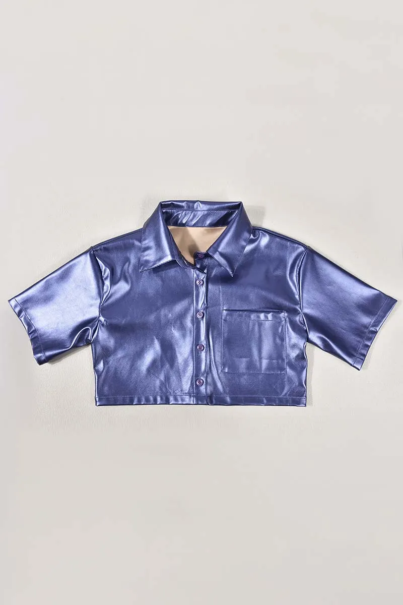 TH877 Collar Faux Leather Crop Top