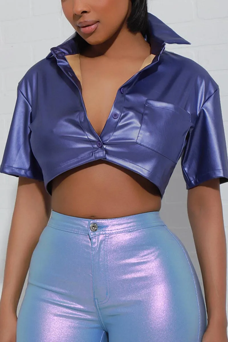 TH877 Collar Faux Leather Crop Top