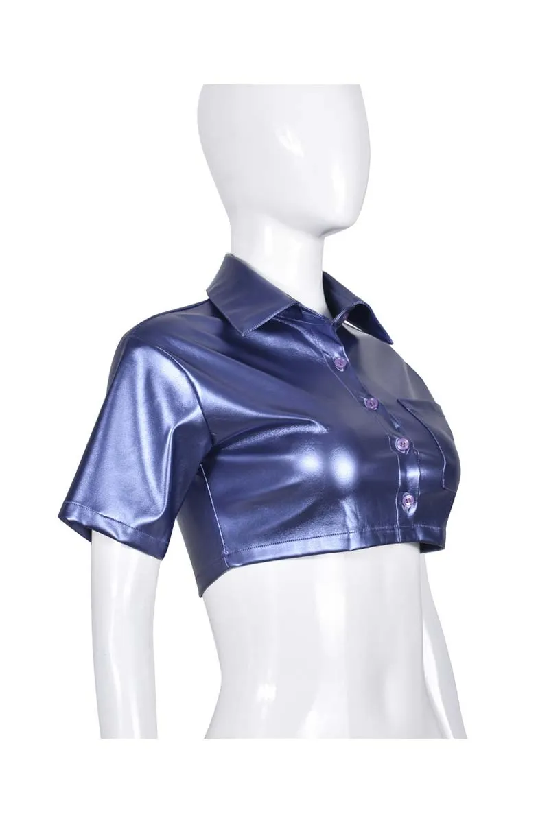 TH877 Collar Faux Leather Crop Top