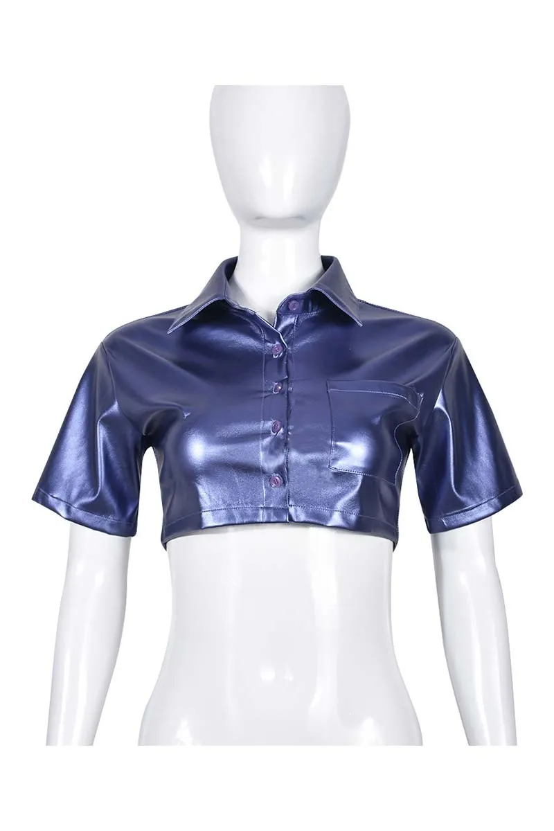 TH877 Collar Faux Leather Crop Top