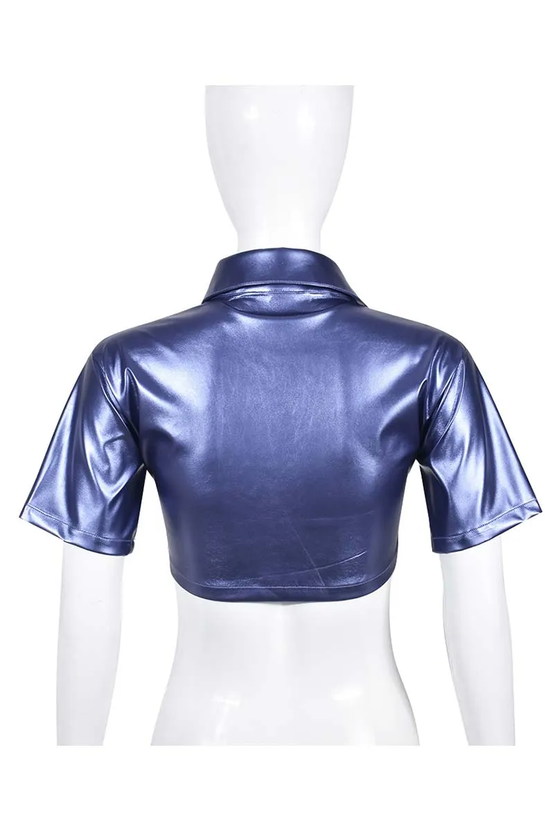 TH877 Collar Faux Leather Crop Top
