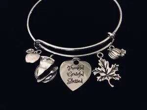 Thankful Grateful Blessed Silver Adjustable Charm Bracelet Bangle Expandable One Size Fits All Gift Thanksgiving Jewelry