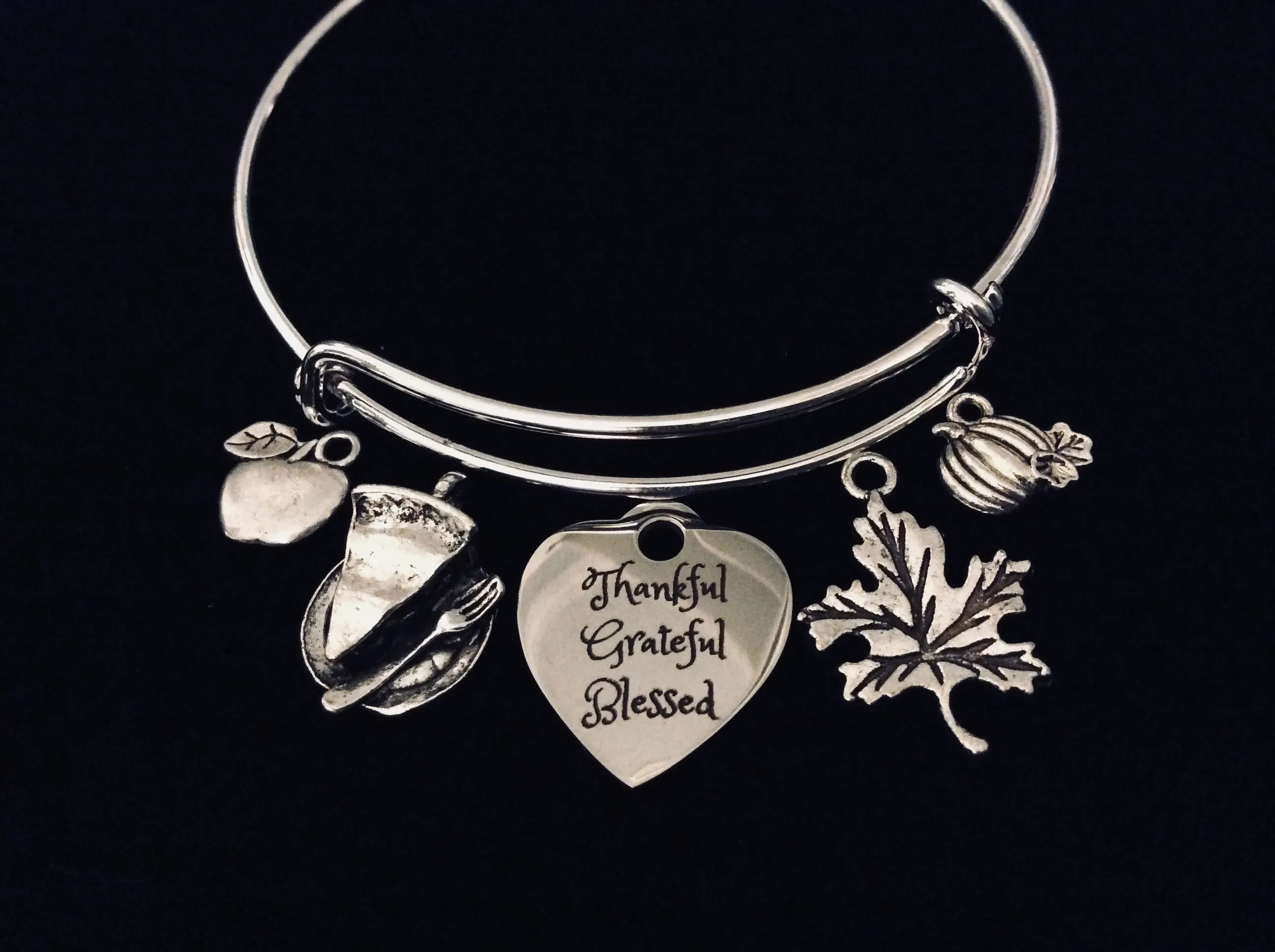 Thankful Grateful Blessed Silver Adjustable Charm Bracelet Bangle Expandable One Size Fits All Gift Thanksgiving Jewelry