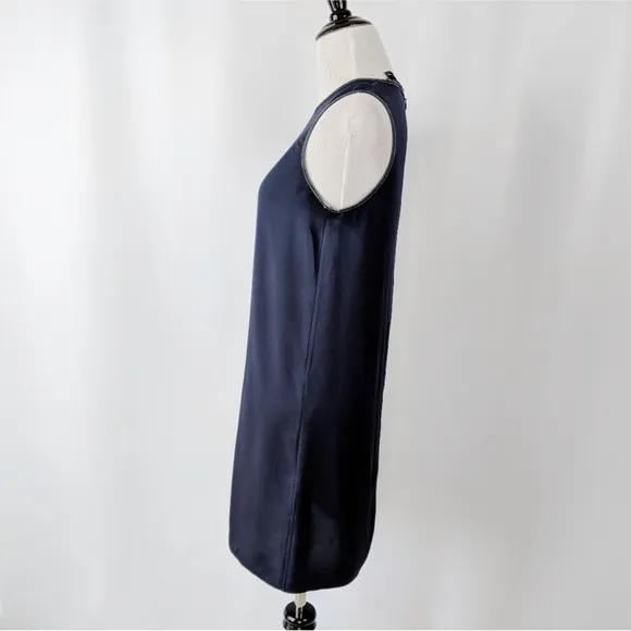 Theory 'Brindina' Navy Leather Trim Silk Shift Dress