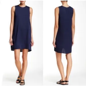 Theory 'Brindina' Navy Leather Trim Silk Shift Dress