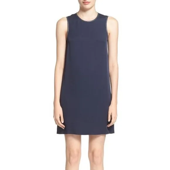 Theory 'Brindina' Navy Leather Trim Silk Shift Dress