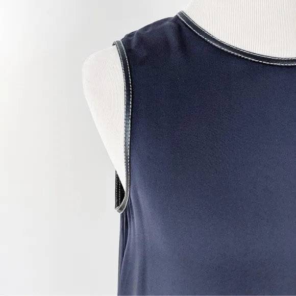 Theory 'Brindina' Navy Leather Trim Silk Shift Dress