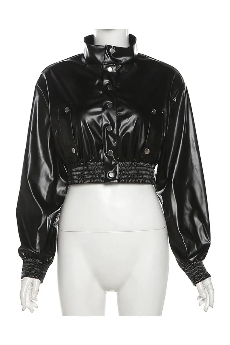 TK632 Stand Collar PU Leather Single-Breasted Shirt