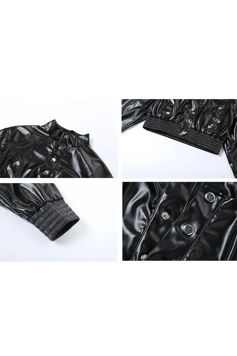 TK632 Stand Collar PU Leather Single-Breasted Shirt