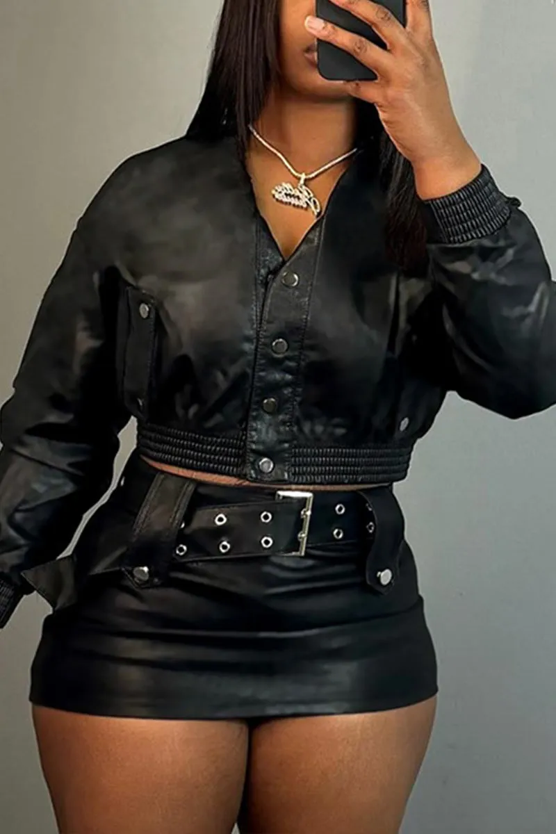 TK632 Stand Collar PU Leather Single-Breasted Shirt
