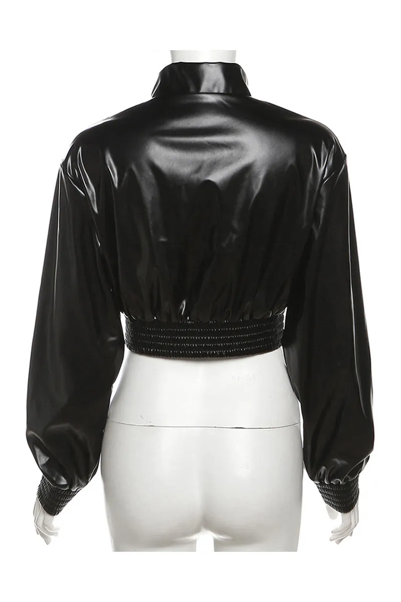 TK632 Stand Collar PU Leather Single-Breasted Shirt