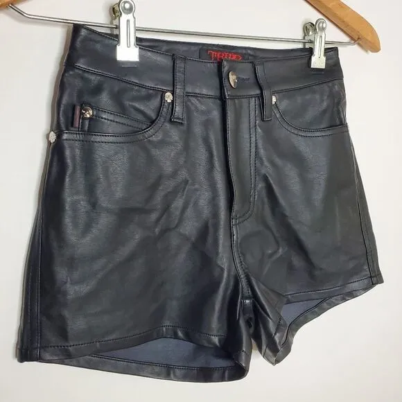 TRIPP NYC Black High Waist Faux Vegan Leather T Logo Pocket Short Size 0 / 24
