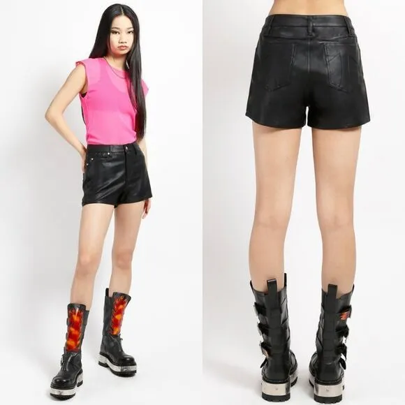 TRIPP NYC Black High Waist Faux Vegan Leather T Logo Pocket Short Size 0 / 24