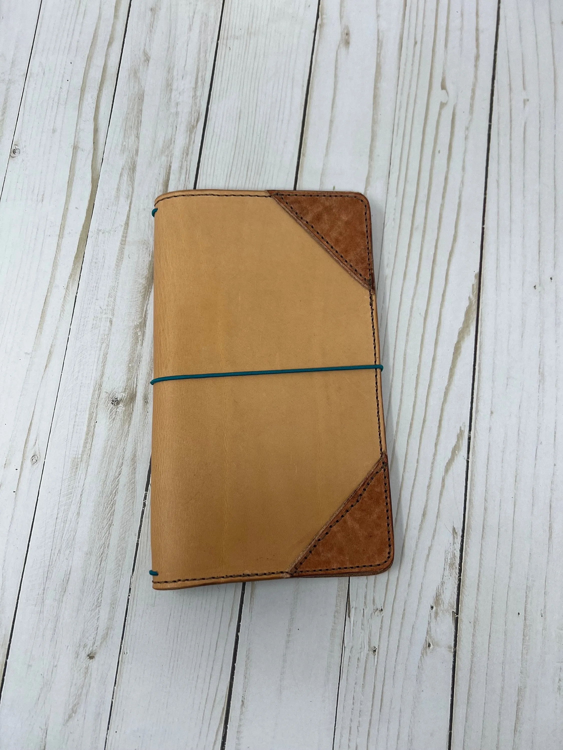Unique Leather Traveler's Notebook| *Ready to Ship* Natural Tan with Embellished Edges and brown stitching | Journal Cover 8.75" x 10.85"