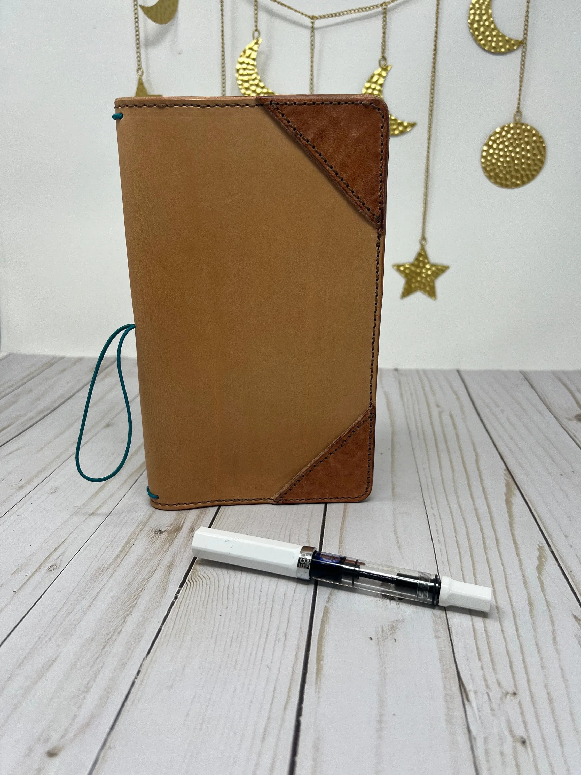 Unique Leather Traveler's Notebook| *Ready to Ship* Natural Tan with Embellished Edges and brown stitching | Journal Cover 8.75" x 10.85"