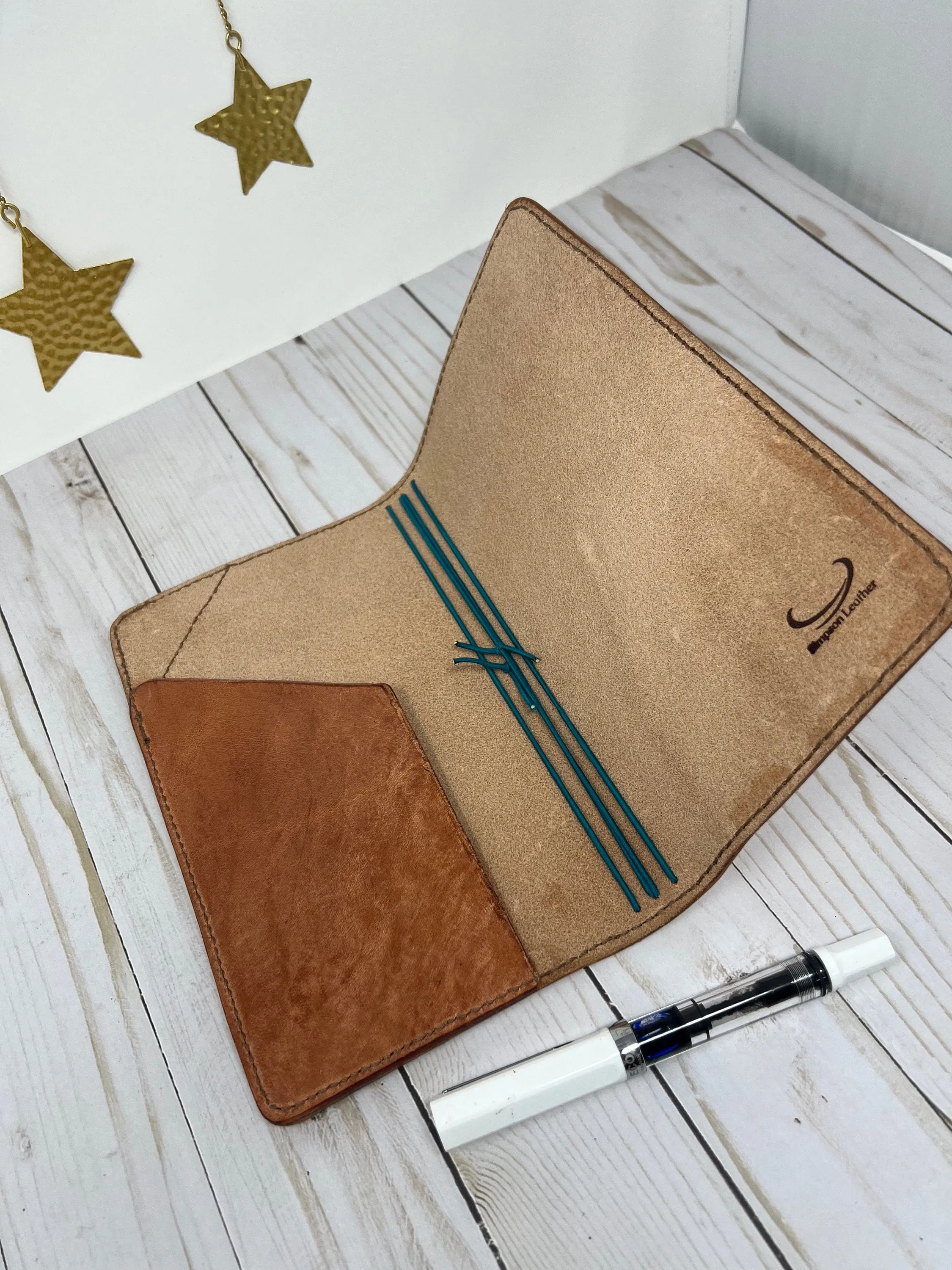 Unique Leather Traveler's Notebook| *Ready to Ship* Natural Tan with Embellished Edges and brown stitching | Journal Cover 8.75" x 10.85"