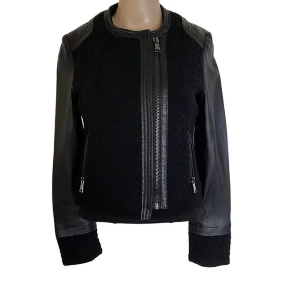 Victoria’s Secret Black Long Sleeve Full Zip Wool Leather Blend Jacket Size XS
