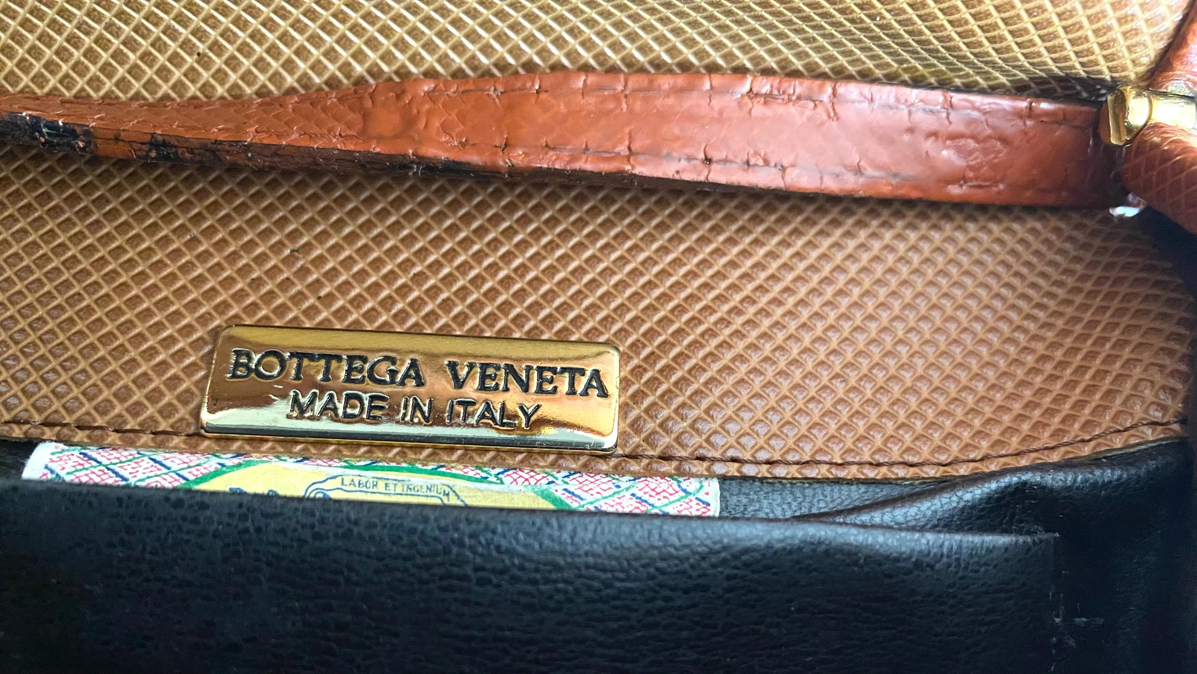 Vintage Bottega Veneta brown and khaki fisherman style shoulder bag with gold embroidery and red motif. No 585 of limited edition. 050409ya