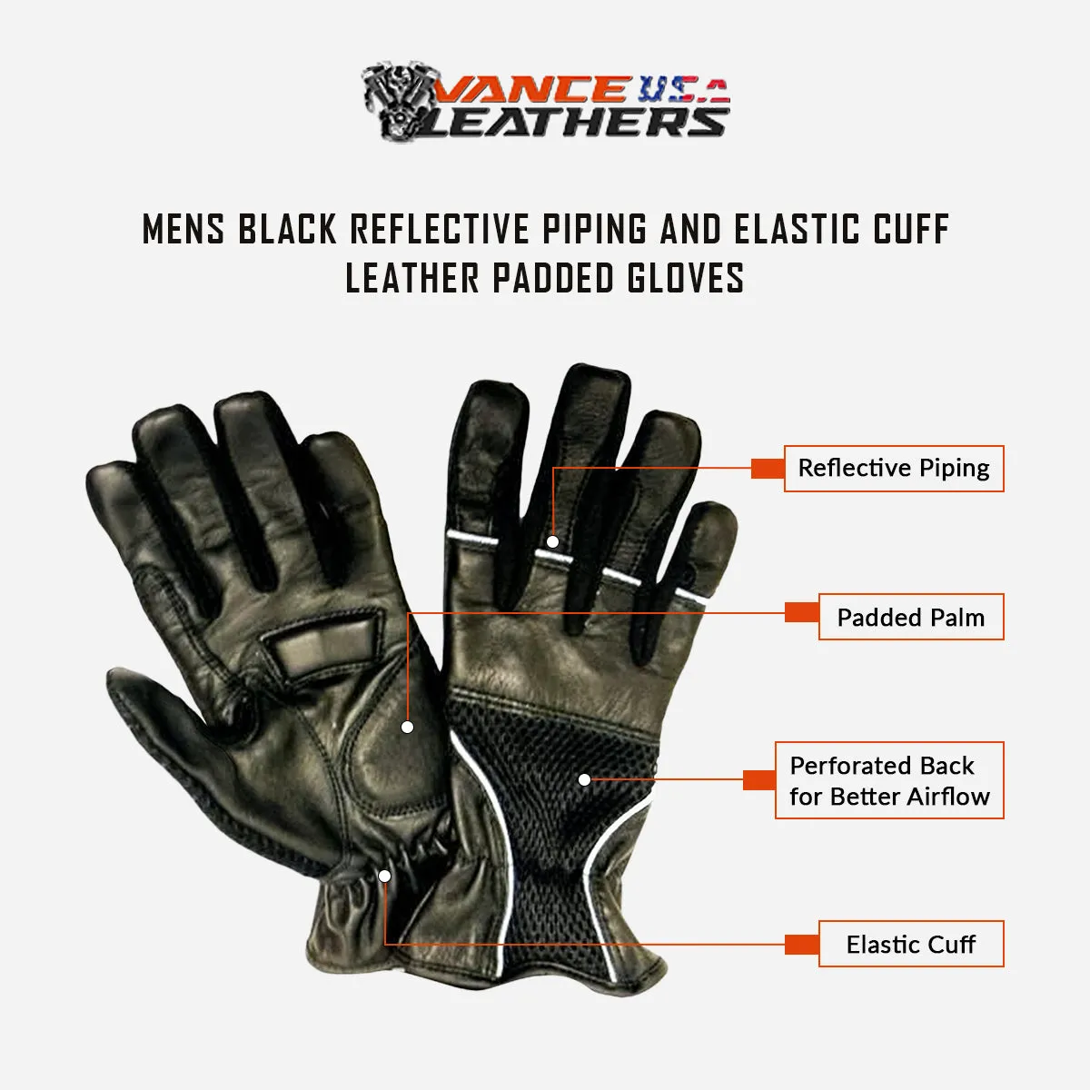 VL452 Mesh & Leather Gloves with Padded Leather Palms, Reflective Piping and Elastic Cuff