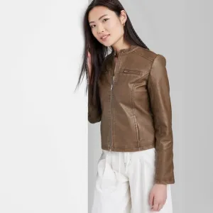 Wild Fable Women's Zip-Up Winter Faux Leather Racing Jacket