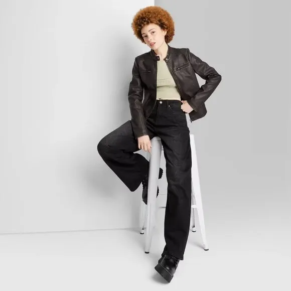 Wild Fable Women's Zip-Up Winter Faux Leather Racing Jacket