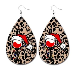 Wine Glass and Lights Cheetah Christmas Leather Earrings