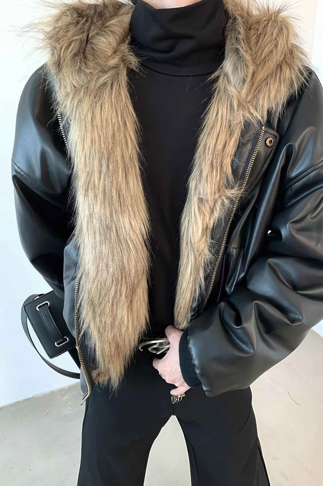 Winter Fashionable PU Leather Jacket for Men with Faux Fur, Reversible Design